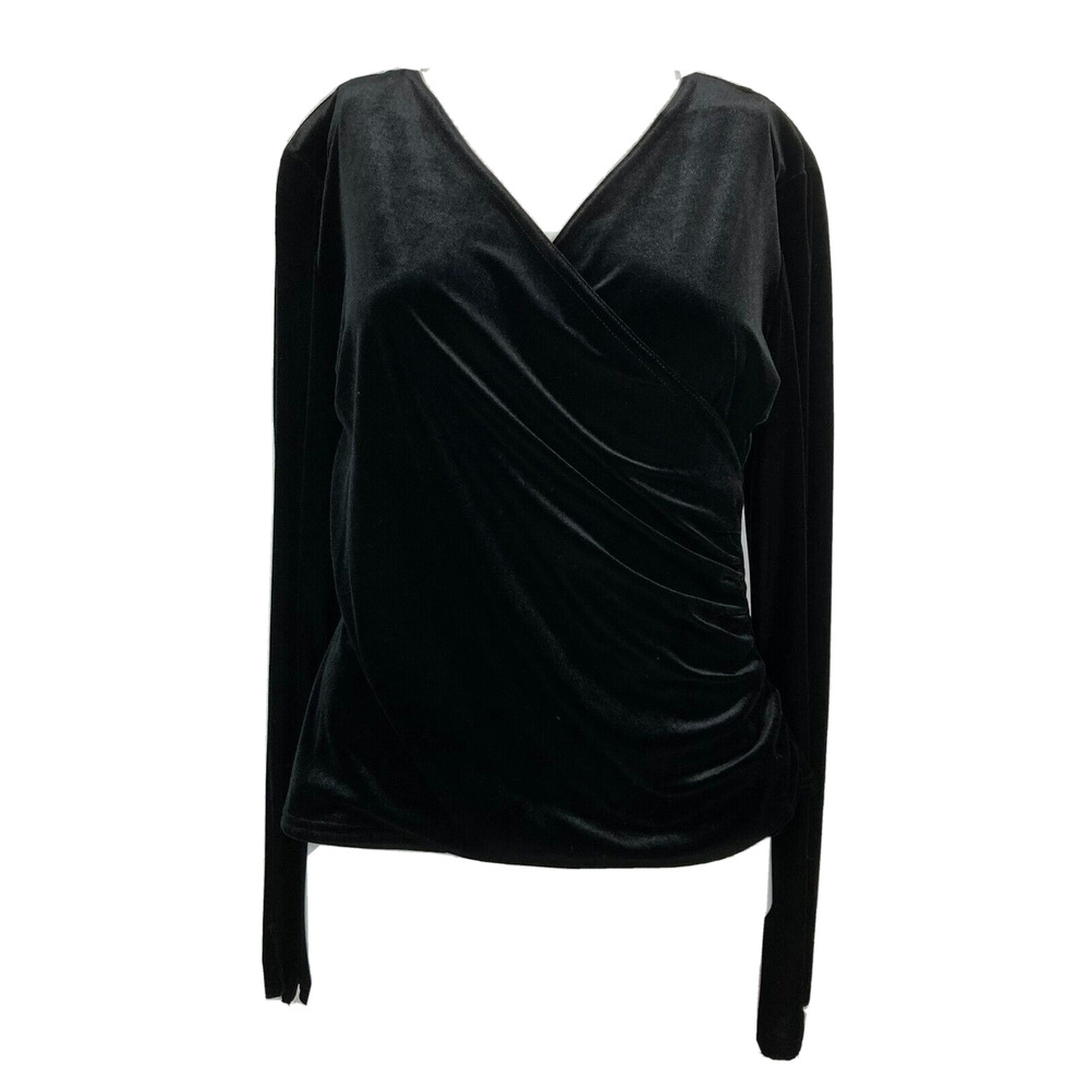 MSK Shirt Womens Sz XS Black Velvet Top Shoulder Pads Wrap V Neck Long Sleeve